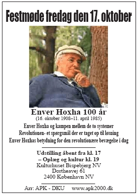 Enver Hoxha 100 år Plakat for festmødet i København