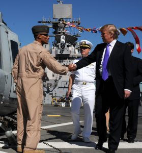 Donald Trump, chairman and CEO of the Trump Organization, tours the flight deck of the amphibious assault ship USS Iwo Jima during Fleet Week New York City 2009. Approximately 3,000 Sailors, Marines and Coast Guardsman will participate in the 22nd commemoration of Fleet Week New York. The event will provide the citizens of New York City and surrounding tri-state area an opportunity to meet service members and also see the latest capabilities of today's maritime services.